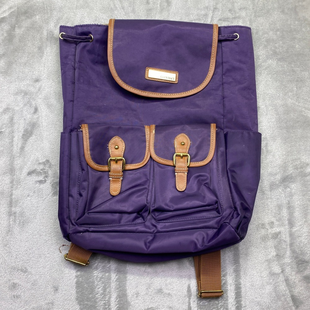 Ellen Tracy Purple Nylon Backpack with Brown Faux Leather Trim Buckle Closures